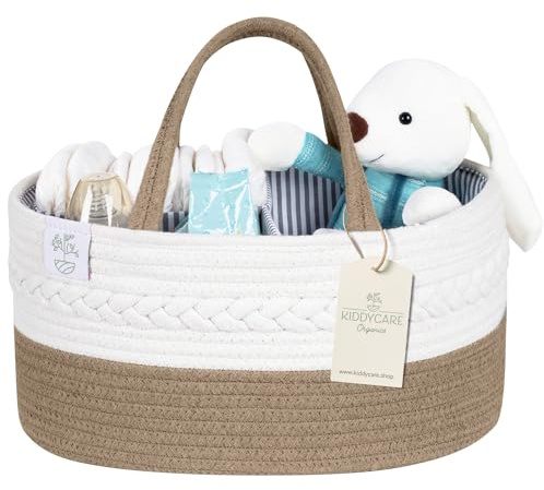 KiddyCare - Vielseitiger Wickelkorb und Windel-Organizer aus 100% Baumwolle und Gewebtem Seil, 3 Herausnehmbare Fächer, Ideal für Unterwegs, Babyshower Geschenk [Natural, Normale Größe]
