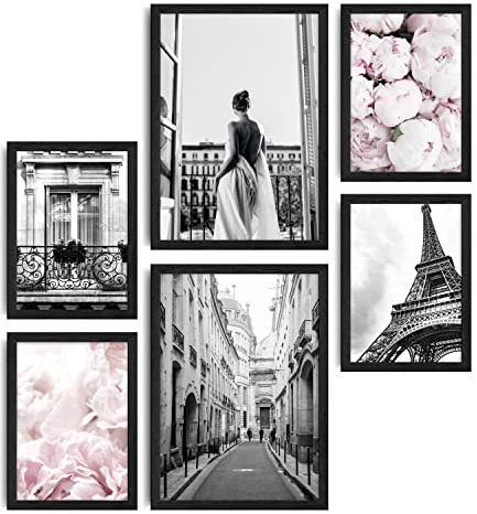 decomonkey 6er Poster Set ohne Bilderrahmen, Fashion Glamour, 4x A4 & 2x A3 | 4x DIN A4 & 2x DIN A3, Abstrakt, Wohnzimmer, Schlafzimmer, Wandposter, Bilder, Collage, Modern, Wanddeko, Blumen, Paris