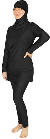 Burkini i plusstorlek, muslimska baddräkter för kvinnor, blygsamma islamiska badkläder, långärmad, heltäckande, 3 st, set strandkläder med mössa, svart, medium, Svart, M