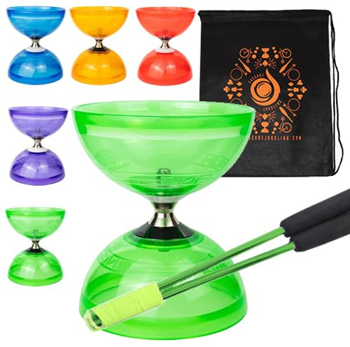 Jumbo Hurricane Pro - Set per diabolo con triplo cuscinetto in alluminio, con bastoncini in metallo, corda per diabolo e borsa per il trasporto a cascata (verde con manici verdi)