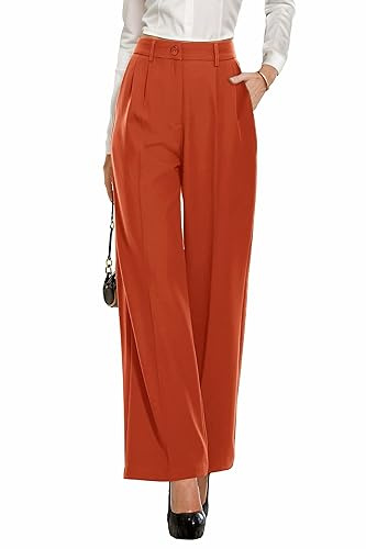 PrinStory Damen Hose Mit Weitem Bein Leichte Elastische Taille Sommer Hose Mit Taschen Kausale Büro Business Hosen (Orange, 38-40)
