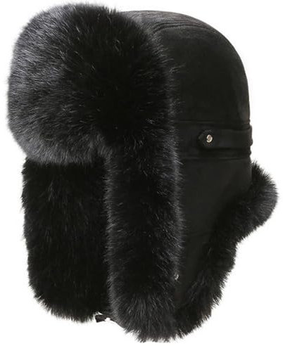 GIBZ Wildleder Wintermütze für Herren, Russische Mütze aus Kunstpelz, Fliegermütze mit Ohrenklappen, für die Arbeit im Freien, Skifahren, Schwarz