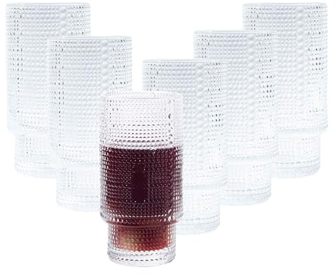 Eden & Willow Embossed-Dotted Highball Drinking Glasses Set | Elegant Cocktail and Tumbler Drinking Glasses (325ML, Set of 6)