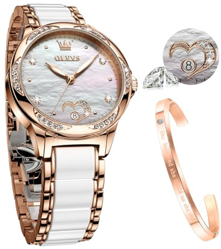 OLEVS Damenuhren mit Automatikaufzug Damenuhren in Roségold mit Diamanten Luxuskleider weiße Keramikarmbanduhren Damen Love Dating