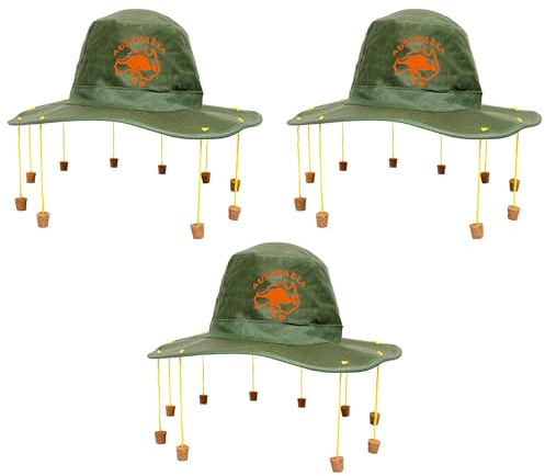 Australian Cork Hat - Green Hat with Orange Kangaroo Print and Attached Corks on Strings - Australia Day Fancy Dress Costume Accessory