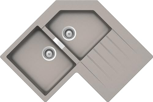 SCHOCK | Fregadero de cocina Primus de 2 senos izquierdos, fregadero angular con escurridor, material Cristalite®, gris pardo, 840 x 840 x 500 mm