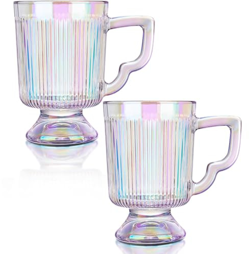 Joeyan Juego de 2 Tazas de Cafe de Vidrio Iridiscente, 350ML Copa de Desayuno, Vasos Cafe Cristal Acanaladas Vintage con Asa, Tazas de Leche Expreso,Mugs para té, Latte, Cappuccino, Beber