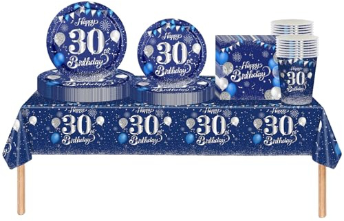 69pcs Navy Silver Birthday Decorations and Tableware Set for Men and Women - Plates, Napkins, Tablecloth, Serviettes, Cups for 30th Celebration
