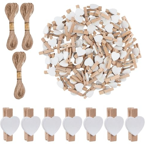 100 Stück Mini Holzklammern Herz, 3,5cm Foto Handwerk Clips, Wäscheklammern Holz Bunt Klein, Herzklammern mit 30m Natur Juteschnur für Fotos, Fotowand, Postkarten, Briefen (Weiß)