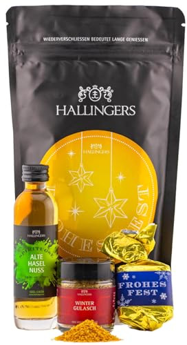 Hallingers Genuss Manufaktur Feinkost Weihnachts-Geschenk-Set - wertig in der Wundertüte Frohes Fest kleines Mitbringsel Nougat-Busserl, Haselnuss-Likör & Gewürz, Weihnachten für Frauen Männer