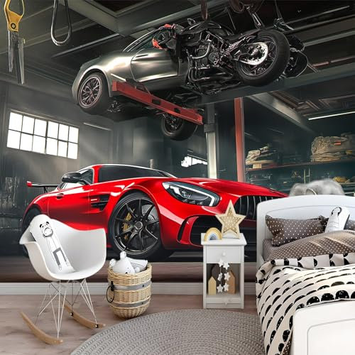 Papel pintado 250 x 175 cm Mural de pared de arte premium no tejido Coche deportivo genial decoración de dormitorio impreso diseño moderno, Rojo Revestimiento de paredes