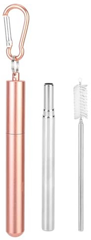 PAILLE TÉLESCOPIQUE PORTABLE RÉUTILISABLE EN ACIER INOXYDABLE, BROSSE RÉTRACTABLE INCLUSE NOIR ROSE ADAPTÉ AU CAFÉ THÉ JUS DE FRUITS MILKSHAKE (Rose)