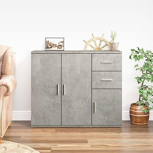 Myheimly Sideboard, Kommode mit 3 Türen 2 Schubladen, Anrichte Schrank für Wohnzimmer, Beistellschrank Mehrzweckschrank, Holzwerkstoff Sideboard Betongrau