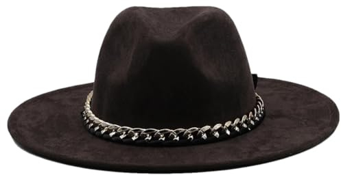 Sombreros Fedora de gamuza para mujeres y hombres con cadena acrílica de 7 cm de ancho, sombrero de vaquero de Panamá, gorras de iglesia, café, M