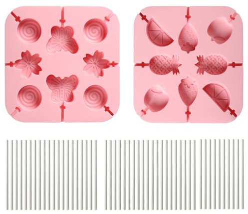 DEFGNOP 2 Moule à Chocolat pour Sucettes en Silicone, Moule Silicone Bonbon, Forme Papillon et Fruit avec 50pcs Bâtons en Papier, Moule Biscuit pour Faire Chocolat Glaçons Biscuits Bonbons