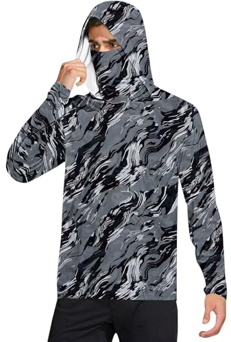 Chemises de protection solaire pour homme avec masque UPF 50+ Rashguard à manches longues pour la pêche, Chemises de protection solaire gris pour homme, L