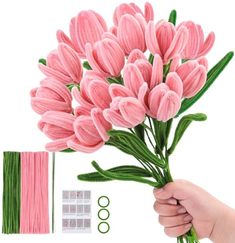 Rosa tulpan Pipe Cleaners Craft Set, DIY Floral chenille stammar med steg-för-steg-video-tutorialer, trådskulptur-kit för heminredning, DIY Flower Art Supplies, 15 blommor
