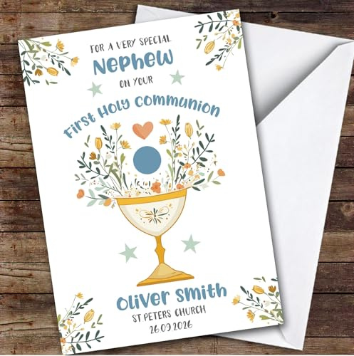 Personalized First Holy Communion Card For Nephew Blue Chalice | Custom Greetings Card For First Holy Communion Any Text Inside & Out
