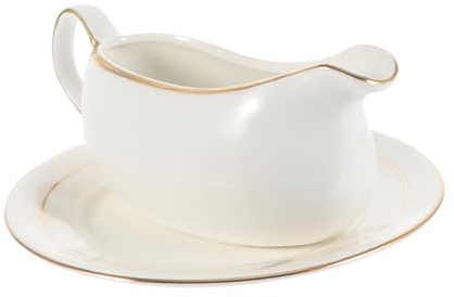 STOBAZA Ceramic Gravy Boat with Tray in White Practical Sauce Pitcher for Serving Hot and Cold Gravies Simple Style for Dining and Entertaining