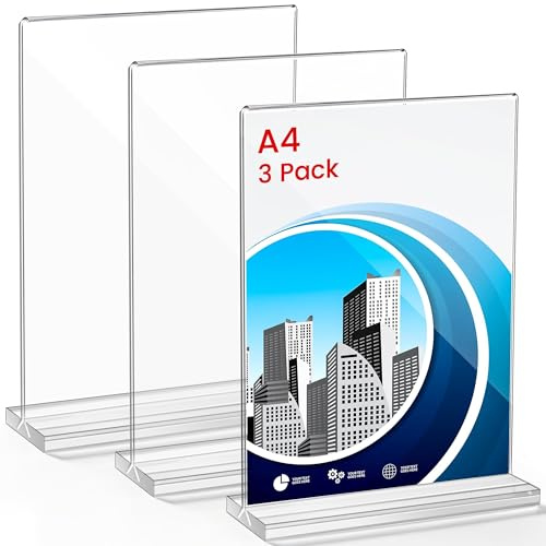 Aneco 3 Stück T-Ständer Aufsteller A4 Doppelseitiger Vertikaler Menükartenhalter,Acrylic Table Sign Holders,Tischaufsteller,Plexiglas Aufsteller A4 Für Restaurants,Cafés,Büros,Fotos