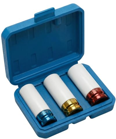 1/2 Drive Impact Socket Set 3-Piece (17mm 19mm 21mm), Deep Thin Wall Lug Nut Sockets, Premium Cr-Mo Steel Construction with Non-Marring Protective Sleeves for Safe Car Wheel Maintenance