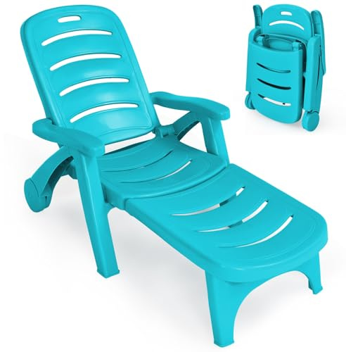 Sdraio pieghevole regolabile con ruote, sedia reclinabile in 5 posizioni per giardino, spiaggia, patio e piscina, portatile in pelliccia