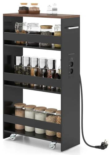 COSTWAY Carrito Auxiliar con Ruedas y Estación de Carga, Carro de Almacenamiento Estrecho de 4 Niveles con Asa y Barandillas, Carro de Servicio para Cocina, Salón (47,5x20x80,5 cm,Negro+Marrón)