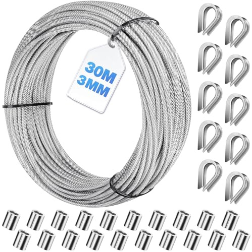 Bridokit 3mm PVC Coated Stainless Steel Wire Rope Kit, 30m (98ft) with 20 Double Aluminum Crimping Loops Sleeve & 10 Steel Thimbles for Rigging, Pulling, Picture, DIY, Garden Wire for Climbing Plant