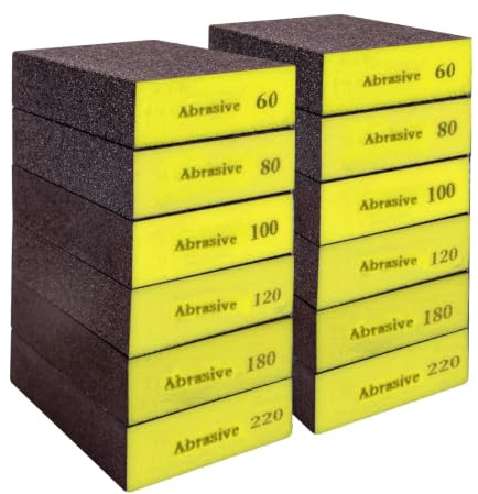 12Pcs Sanding Blocks, Wet and Dry Sanding Sponge 60/80/100/120/180/220 Grit | Coarse to Fine Emery & Sandpaper Blocks for Wood Walls Metal Drywall Polishing Washable Reusable Pack