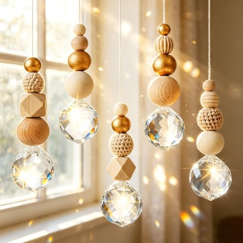 Yuragim Kristall Sonnenfänger Bastelset, 5er Set Suncatcher mit Holz- & Kristallkugel, Skandinavische Wohnraum Dekoanhänger DIY Sonnenfänger Basteln Garten Windspiel Hängedeko Lichtspiel Fenster