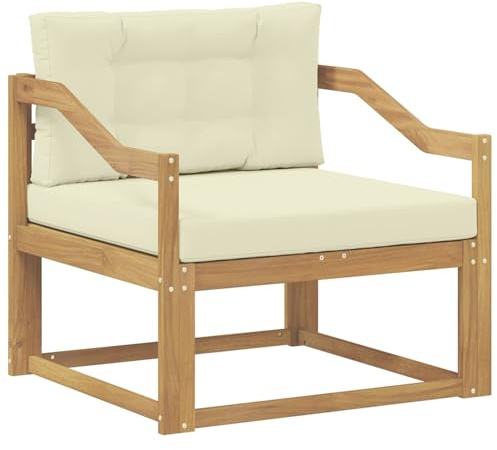 Outdoor Mittelsofa aus massivem Akazienholz mit Polyester-Kissen in Weiß, wetterfestes Lounge-Sofa für Balkon und Terrasse, flexibles Sitzmodul für entspanntes Relaxen