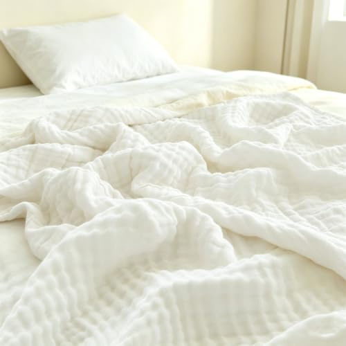 BOFITENG Musselin Decke 150 x 200 cm, Muselindecke Erwachsene Sommer, Weiche & Atmungsaktive Baumwolldecke, Kuscheldecke Baumwolle, Leichter Tagesdecke für Bett, Sofa und Couch (Weiß)