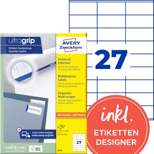 AVERY Zweckform 3479 Universal Etiketten (2.700 Klebeetiketten, 70x32mm auf A4, Papier matt, individuell bedruckbar, selbstklebende Aufkleber mit ultragrip) 100 Blatt, weiß