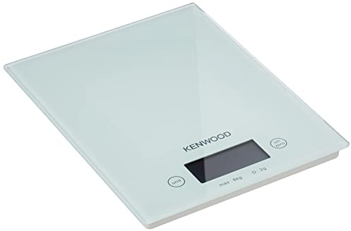 Kenwood DS401.W Bilancia Elettronica da Cucina con Piano in Vetro Bianco, Display Elettronico e Piedini Antiscivolo, Spegnimento Automatico, Doppio Sistema di Misurazione (gr/oz)