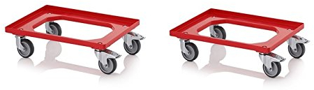 2X Transportroller rot mit Feststellbremse/Gummrädern für 60x40 Eurobehälter inkl. gratis Zollstock 2er Set