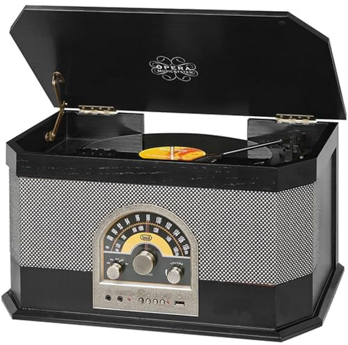 Trevi TT 1040 BT - Sistema estéreo de Tocadiscos Vintage de Madera con MP3, USB, Entrada Auxiliar, Bluetooth, Radio Am/FM, Toma para Auriculares, Color Negro