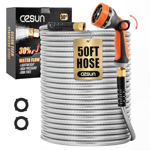 Cesun Ultra-Durable 50ft Metal Garden Hose - 304 Stainless Steel, Flexible & Kink-Free, UV Resistant, All-Weather, Includes High-Pressure Brass Nozzle - Ideal for Home & Outdoor Use