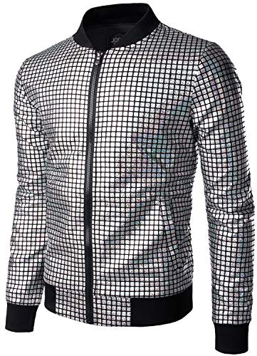 JOGAL Herren Metallic Pailletten Baseball Bomberjacke 70er Disco Party Kostüm Medium Silber