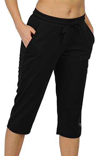 icyzone Damen Jogginghose 3/4 Sporthose Trainingshose Straight Bein Freizeit Hose mit Tasche (M, Schwarz)