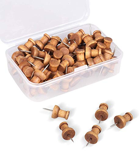 120 Pcs Wood Push Pins, Walnut, Standard, Wooden Thumb Tacks Decorative for Cork Boards Map Photos Calendar and Home Office Craft Projects with Box