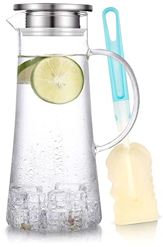 SUSTEAS Jarra de cristal de 1,5 litros, jarra con tapa, jarra de té helado, jarra de agua fría y caliente, té helado, vino, café, leche y zumo, jarra de agua