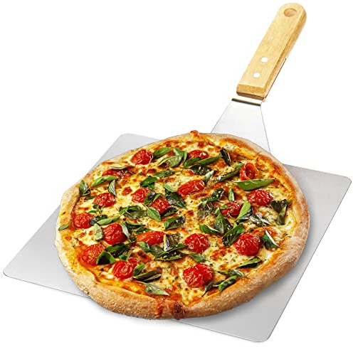 com-four® Pizzaschaufel aus rostfreiem Edelstahl - Pizza- und Kuchenheber mit Holzgriff - Pizzaschieber für Pizza, Flammkuchen, Brötchen und Brot (silberfarben/braun - eckig)