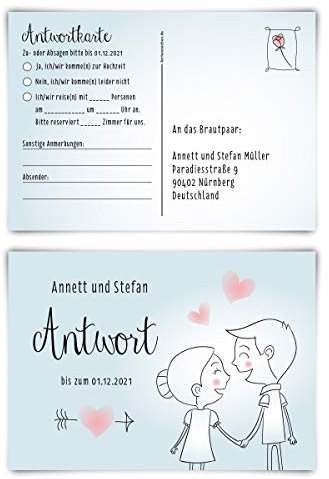 20 x Individuelle Hochzeit Antwortkarten DIN A6 Postkarten Set selbst gestalten - Küssendes Paar