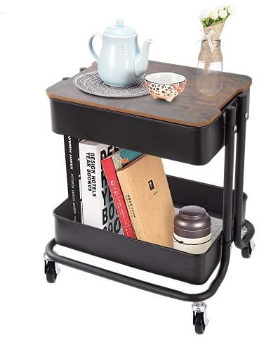 Melody House Rollwagen mit 2 Etagen, Metall, Organizer mit Abdeckbrett, mobiler Trolley, Sofa, Beistelltisch mit Rädern für Büro, Zuhause, Küche, Organisation, Schwarz