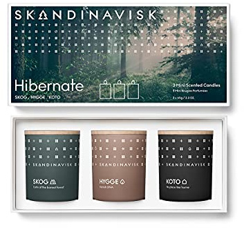 Skandinavisk - Hibernate Giftset of 3 Mini Scented Candles. Skog 'Forest', Hygge 'Cosiness', and KOTO 'Home'. Vegan Formula. 3 x 65g.