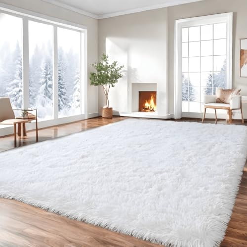 Lanyesky Alfombra de Sala de Estar de Pelo Largo, Alfombra Moderna y esponjosa para niños, Lavable y Antideslizante, Adecuada para la Sala de Estar y el Dormitorio (160x200cm, Blanco.)
