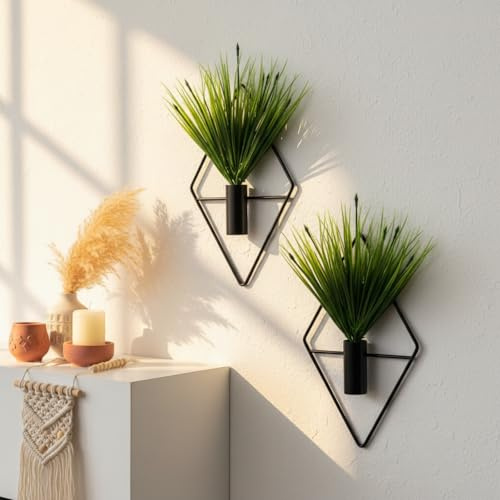 Canlierr Hängepflanzgefäße in Diamantform mit künstlichen Wasserpflanzen, Metallvase, Zimmerpflanzenhalter, Moderne geometrische Wanddekoration für Zuhause, Wohnzimmer, Büro (Schwarz, Wasserpflanze)
