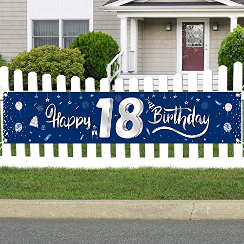 GoldRock Banner 18. Geburtstag Deko Blau für Junge Mädchen - Happy Birthday Poster Hintergrund 210cm × 40cm - Kuchen, Tisch Banner