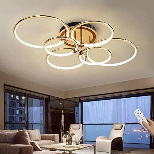 Modern LED Deckenleuchte 144W Dimmbar Deckenlampen 8900LM Gold 6-Ring Design Wohnzimmer lampe mit Fernbedienung 3000K-6000K, Aluminium Led Beleuchtung für Wohnzimmer Schlafzimmer Esszimmer Büro 110cm