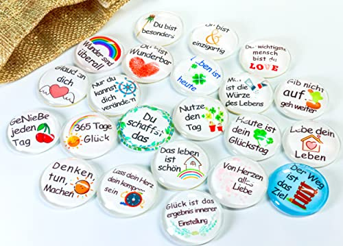 Kleines Geschenk 22 pcs Glückstaler aus rundes 3D Kristallglas, Sprüche Motivation Glücksbringer Tischdeko Streudeko bunt Ø 2.5 cm Geburtstag Deko Tischdeko Liebe Freunde